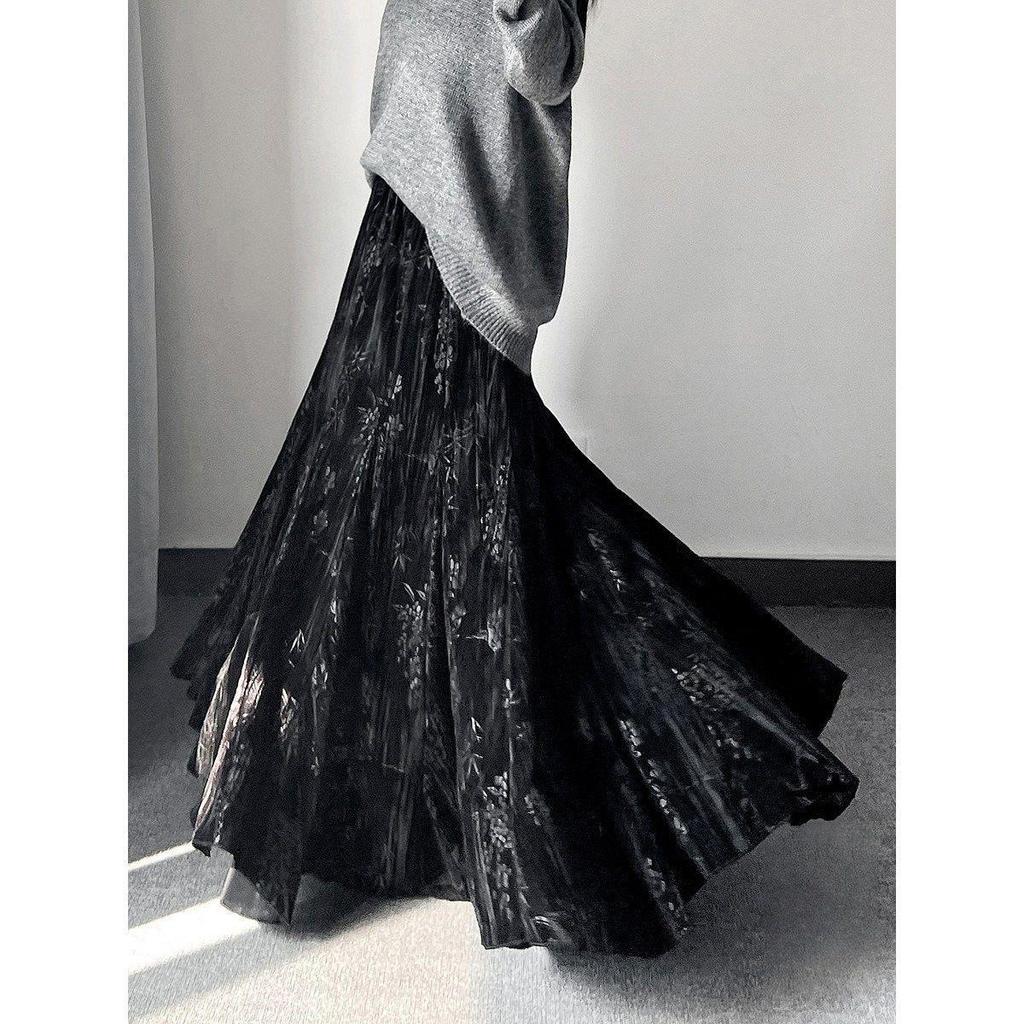 Autumn-Winter Velvet High-Waist Long Skirt - Women's Chinese Style Umbrella Design