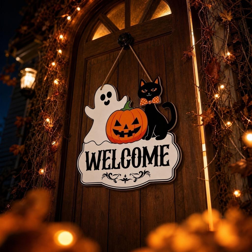 Halloween Wooden Hanging Sign Welcome Door Plaque Wall Decoration with Pumpkin Ghost Black Cat Bat Spider Web Theme for Party Home Craft