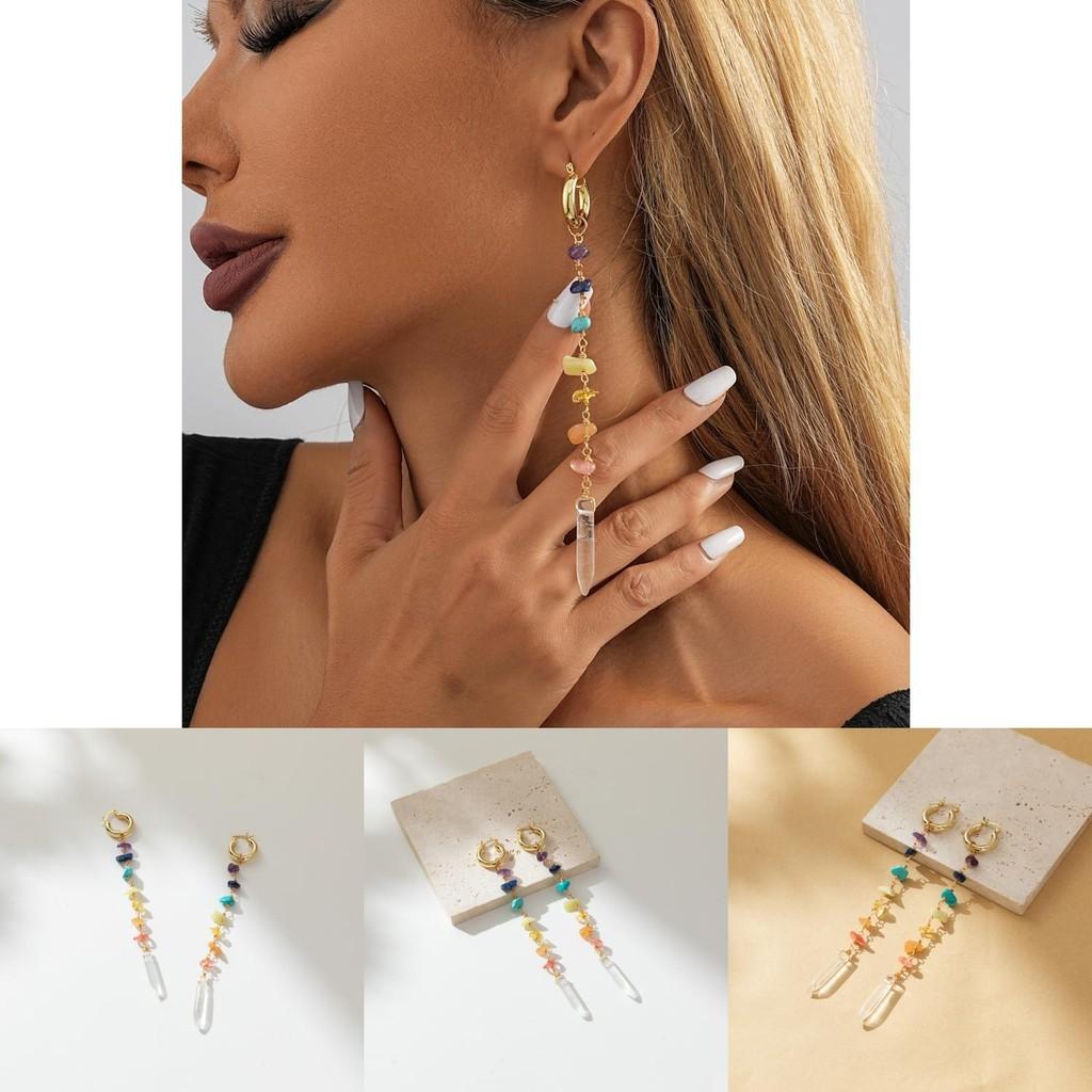 Womens Long Colorful Irregular Natural Stone Earrings Chic Electroplated Geometric