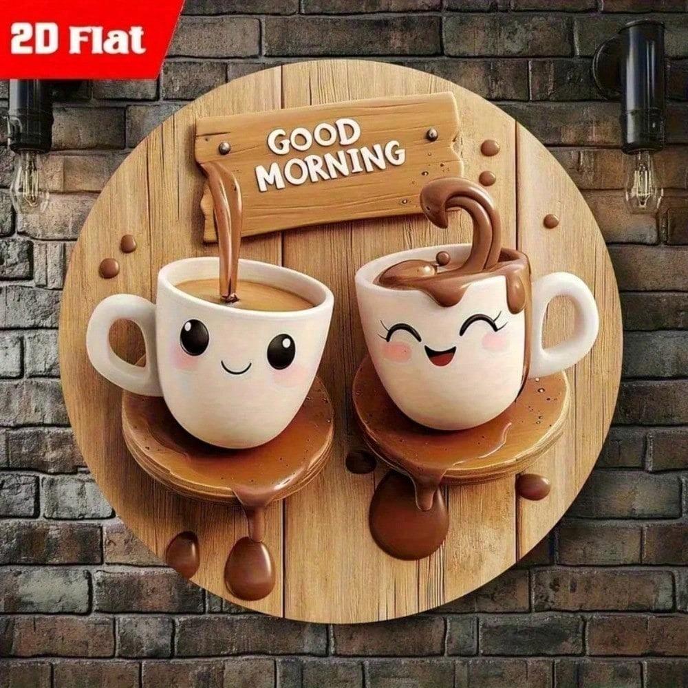 Vintage Style 2D Round Wood Look Tin Sign, 8x8 Inch Morning Coffee Theme with Smiling Cup Good Morning Design for Home Kitchen Wall Decor