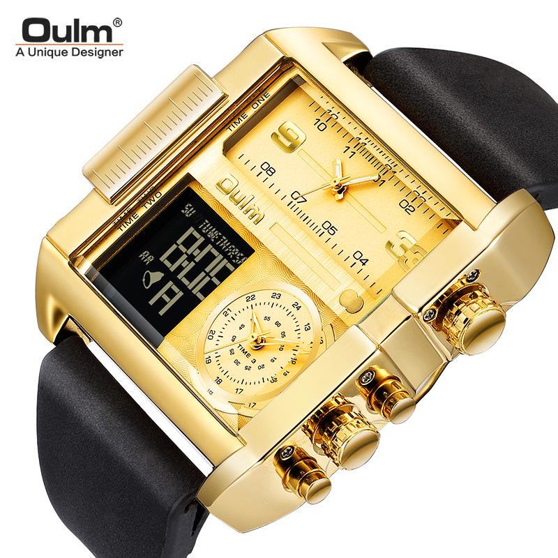 Oulm Men's Square Dial Waterproof Sport Watch with Multifunctional Features and Gold Leather Strap