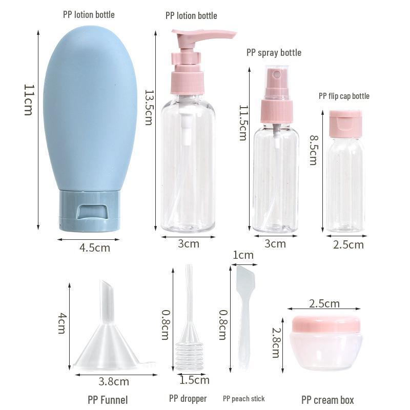 Portable Travel Cosmetic Bottling Set: Spray Bottle, Shower Gel, Lotion, Cream, and Perfume Containers.