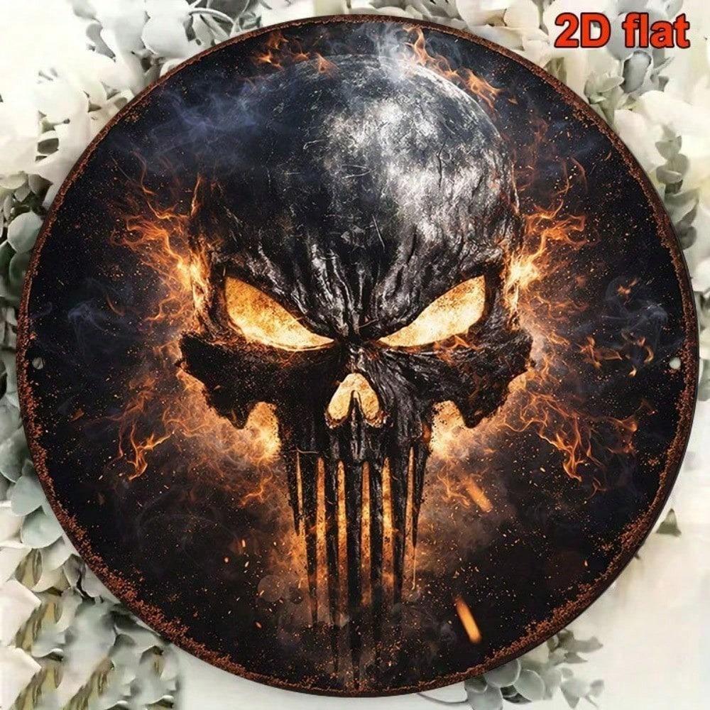 1pc Vintage Punisher Skull Flame 2D Flat Round Sign 8x8in, Unique Wall Art Plaque for Bar Game Room Garage Man Cave