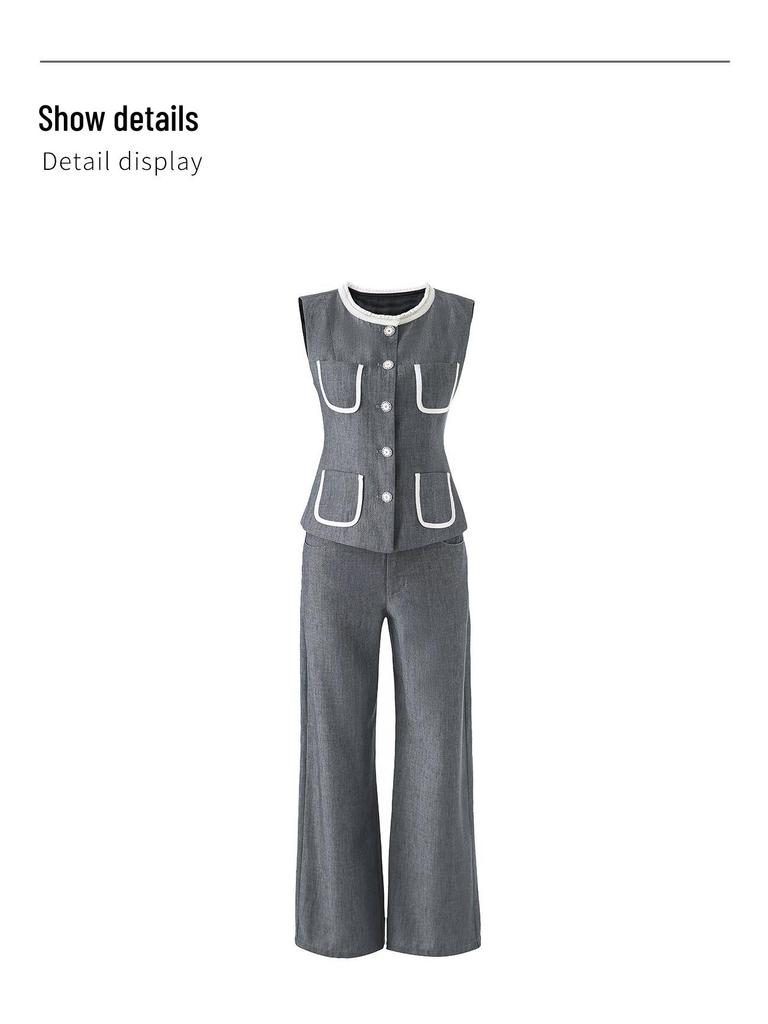 Elegant Beaded Neck Tencel Linen Vest & Wide-Leg Pants Set for Women - Spring Collection
