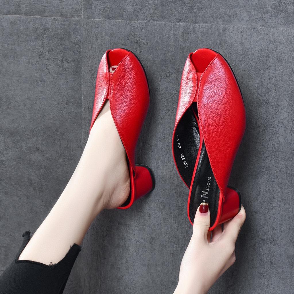 High-heeled outer slippers women's shoes 2025 summer European and American style first-layer cowhide fish mouth thick heel sandals women's fashion