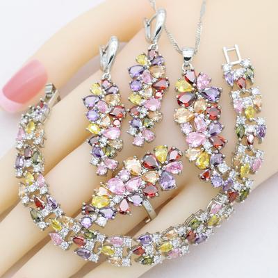 Multi Color Zircon  Stamp Women Jewelry Sets Bracelet Earrings Necklace Pendant Ring Wedding Party Birthday Gift
