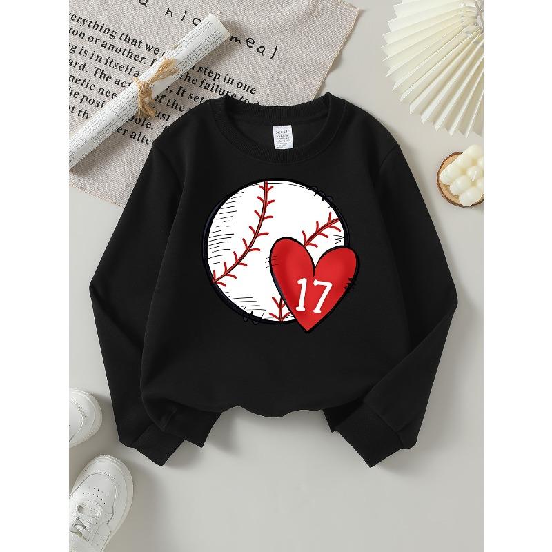 Baseball Heart Number Seventeen 2026 New Girls' Long-sleeve Casual Crewneck Sweatshirt, Suitable for Outdoor Sports and