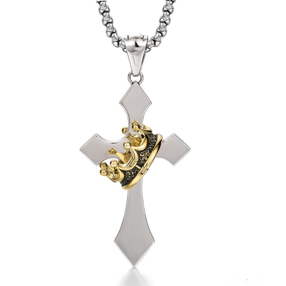 Stainless Steel Crown Cross Necklace Personalized Hiphop Necklace with Gold Crown Stylish Design Pendant Necklace for Men