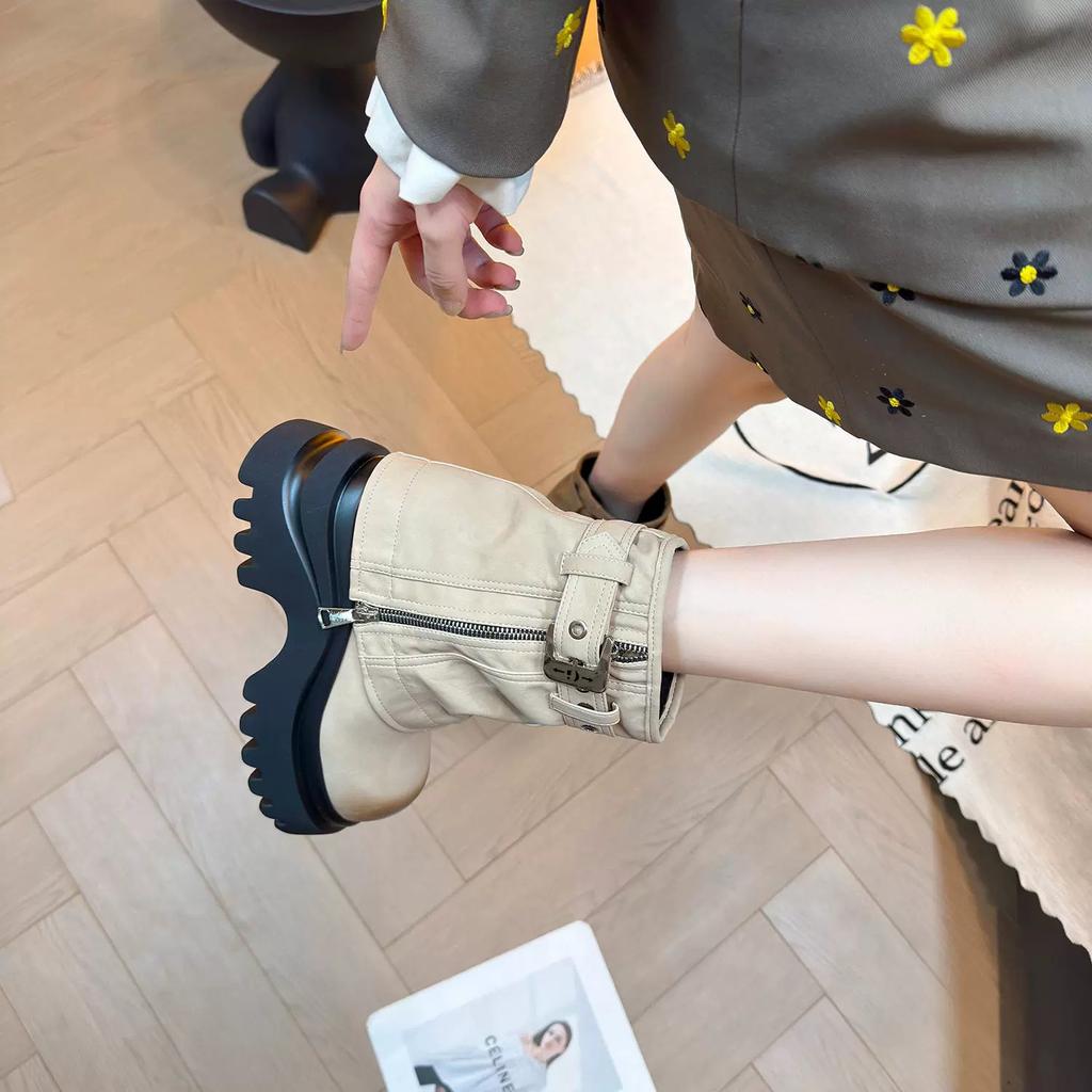 Square-headed Maillard Western Cowboy Leather Spice Girl Style Platform Sole Martin Boots Locomotive Short Boots Pile Boots Women's Shoes
