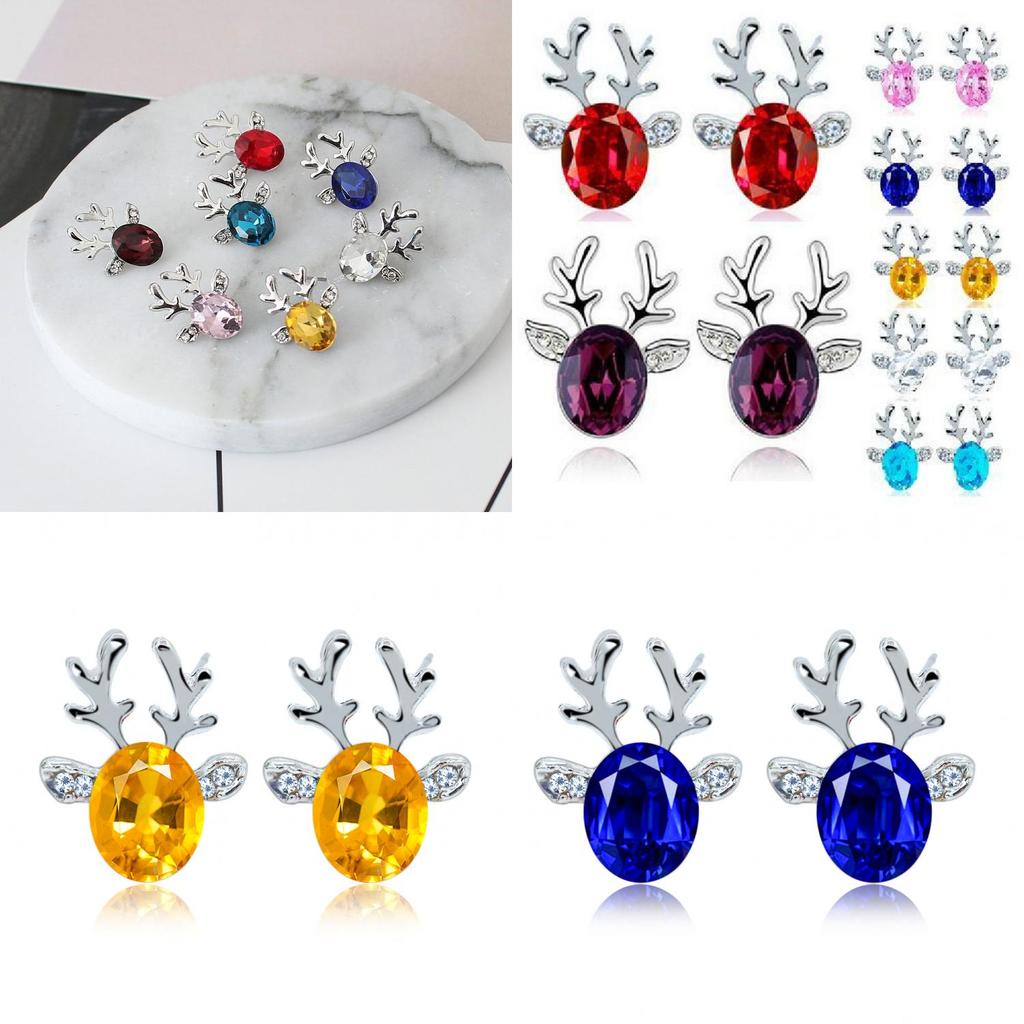 Christmas Reindeer Earrings With Crystal Gemstone For Women Fashion Jewelry