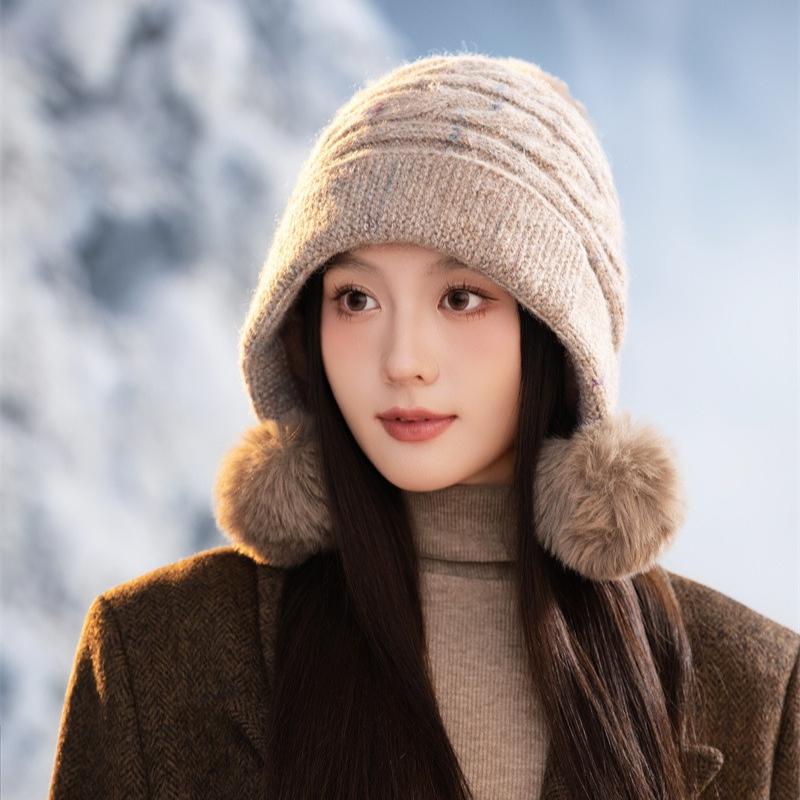 Cute Hairball Knitted Thermal Hat Women's Plush Thickened Ear Protector Wool Hat
