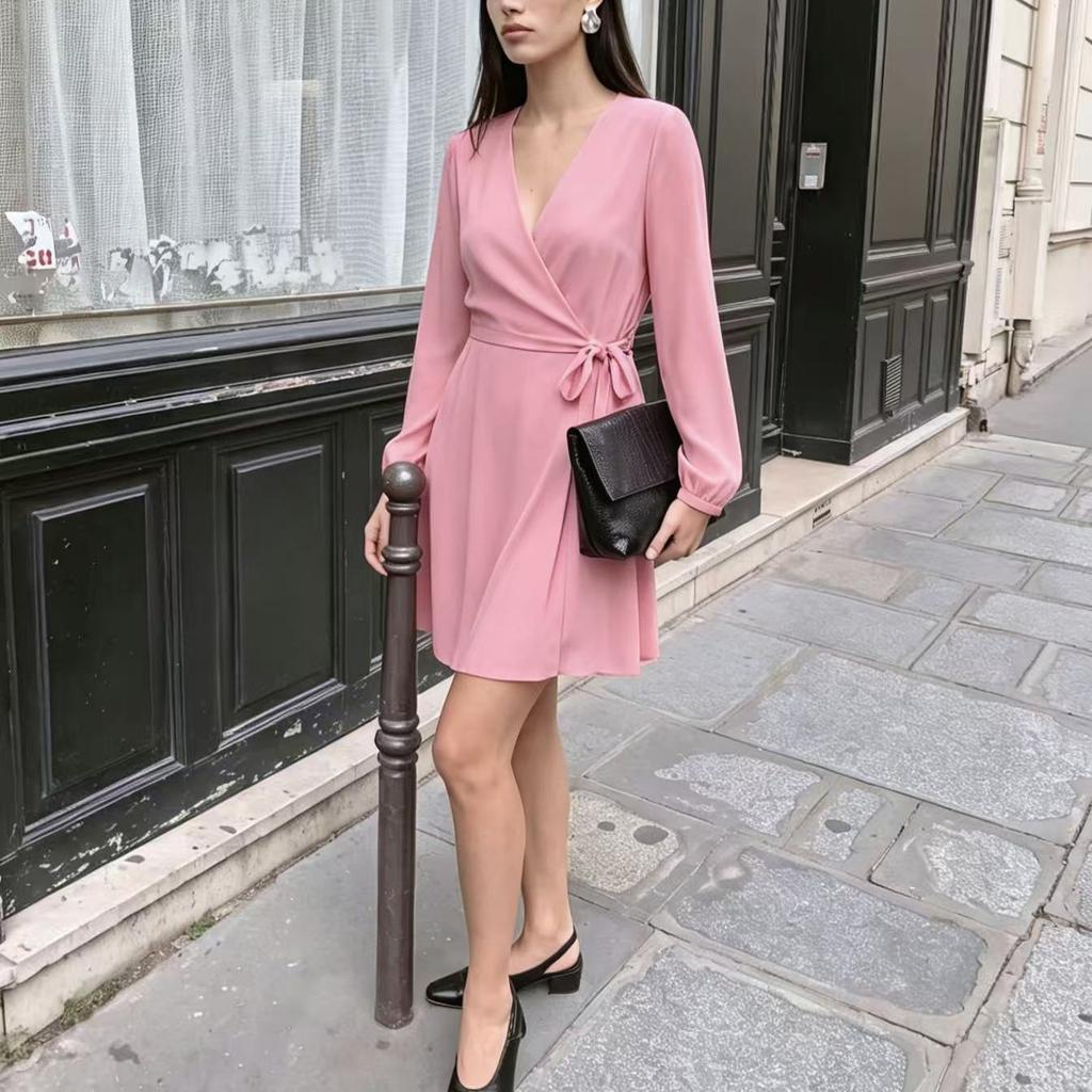 Elegant Ladies Surplice V Neck Wrap Dress Long Puff Sleeve Belted Waist Solid Color A Line Short Dress Evening Cocktail Party Dresses