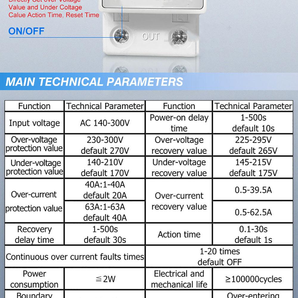Dual Display 40A 63A 80A 230V Din Rail Adjustable Digital Over Under Voltage Relay Surge Protector Limit Over Current Protection