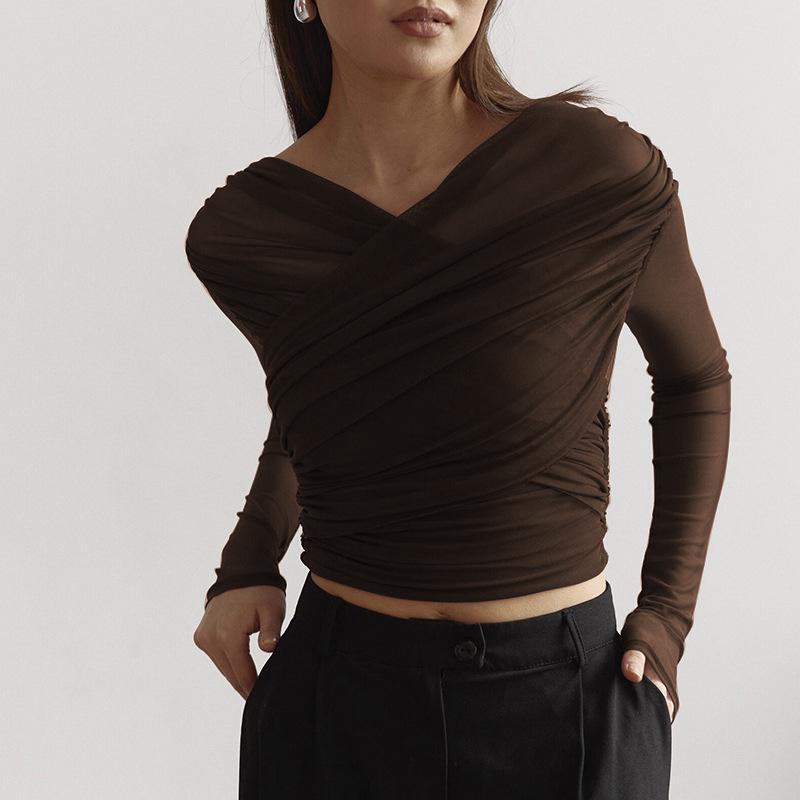 Y24TP472 T-shirt Sexy da Donna in Rete Pieghettata a Manica Lunga - Colore Unito, Moda Autunnale Europea e Americana