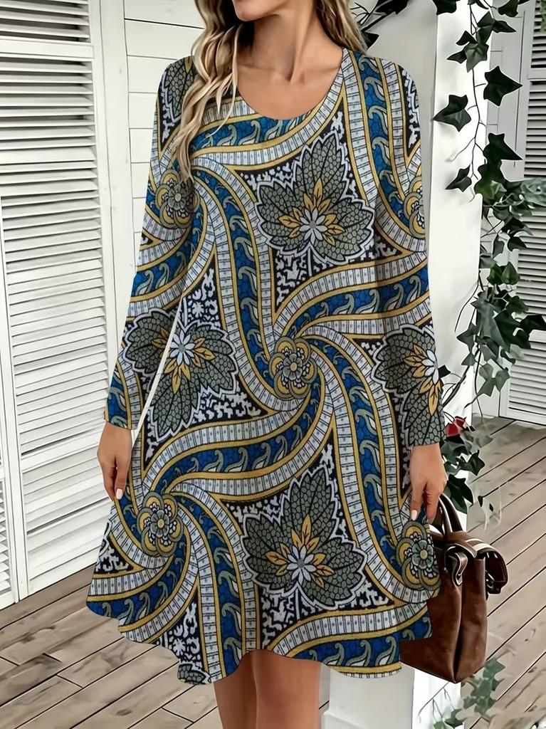 Spring Autumn Women Dress Casual Long Sleeve O-neck 3D Print Loose A-Line Dress Oversized Home Wear Robe