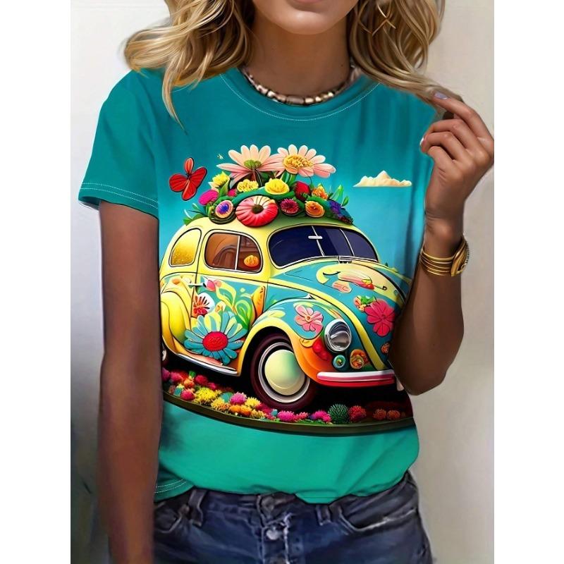 Summer Round Neck 3D Car Print Top Fashionable Casual Short Sleeved Women's T-shirts