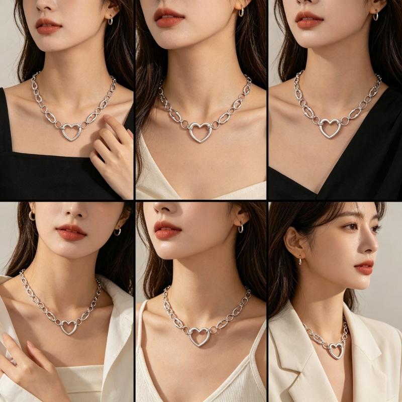 Open Heart Pendant Necklace for Women, Silver Tone Link Chain Jewelry with Adjustable 31-40 Cm Length for Daily Outfits and Gift Use