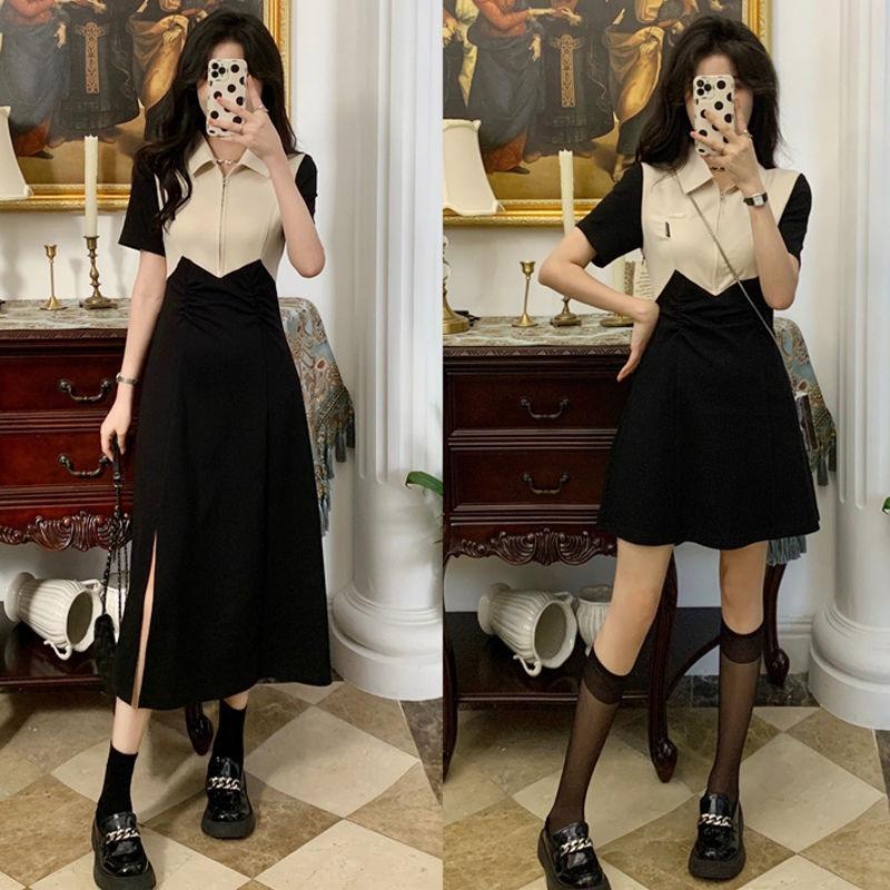 Contrasting Color Design Split-ended Dress Women's Spring and Summer Korean Version of the New POLO Collar Waist Thin Short-sleeved Skirt