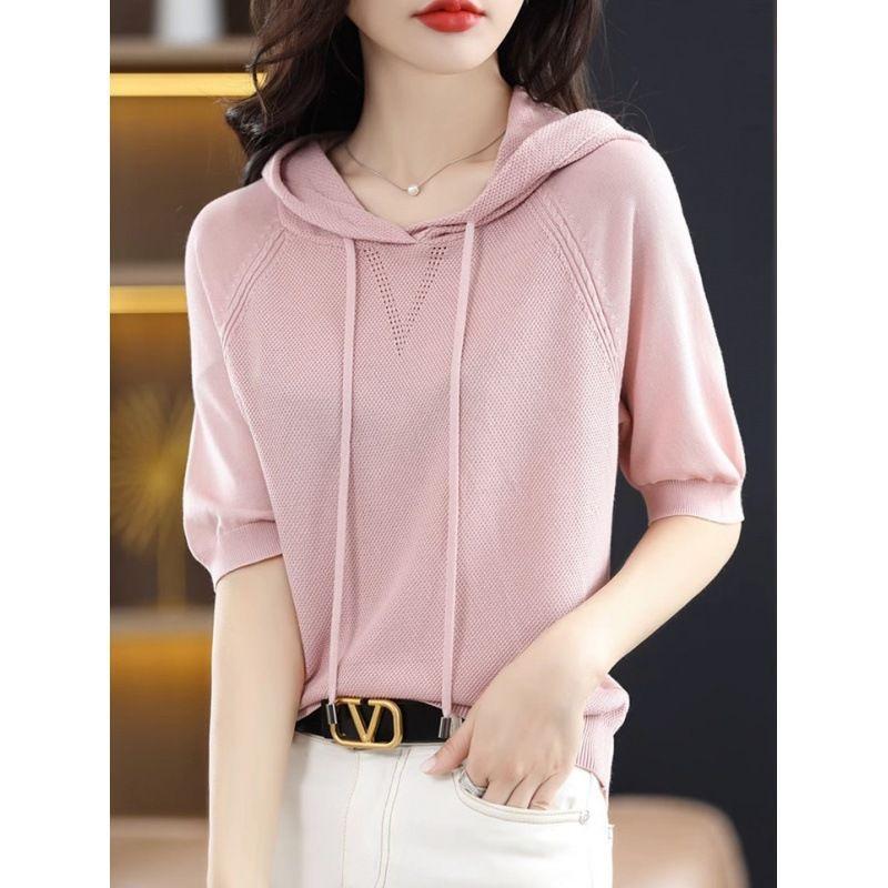 Summer versatile hooded short-sleeved shirt women's ice silk knitted sweater pullover bottoming shirt thin loose foreign style top women