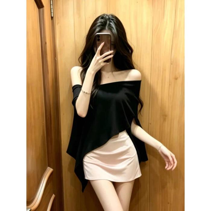 Black Slanted Shoulder Top, Hip-wrapped Short Skirt Temperament, Royal Sister Style, Unique and Beautiful Summer Small Suit, Thin Two-piece Set