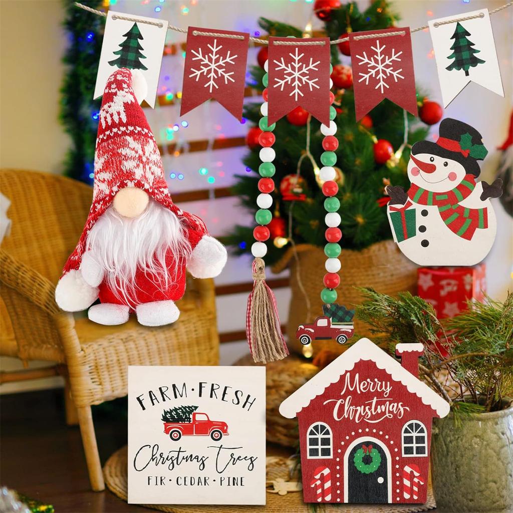 Christmas Dwarf Tiered Tray Decor with Beads String Festive Holiday Decorations Standing Signs for Winter Table Display