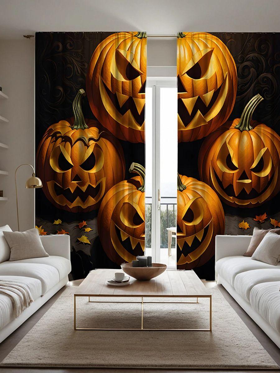 

Комплект из 2 предметов HD Хэллоуин четыре тыквы осень кленовый лист декоративная занавеска черный галстук цифровая печать занавеска украшение дома стиль W52H63inchW132H160cm