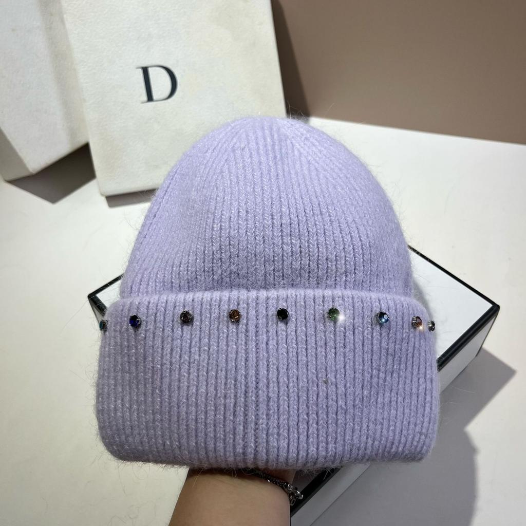Russian Winter Warm Rabbit Hair Knitted Hat Celebrity Light Luxury Small Diamond Double Fold Wool Hat Women'S Outdoor Windproof