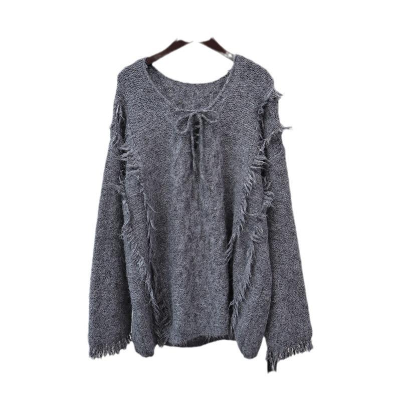 Autumn and Winter New Loose Fringed Design Knitted Sweater Top Soft Waxy Lazy Wind Sweater Pullover Woman