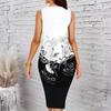Women Plus Size Crew Neck Sleeveless Midi Dress White Background Blue Ink Wash Floral Print Bodycon Dress