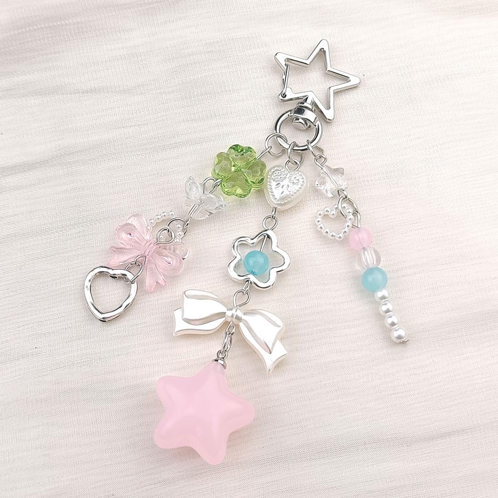 Sweet Pastel Bag Charm Hollow Star Clasp Pink Blue Beads Bow Transparent Star Cherry Blossom Pendant Cute Girl Handbag Decor