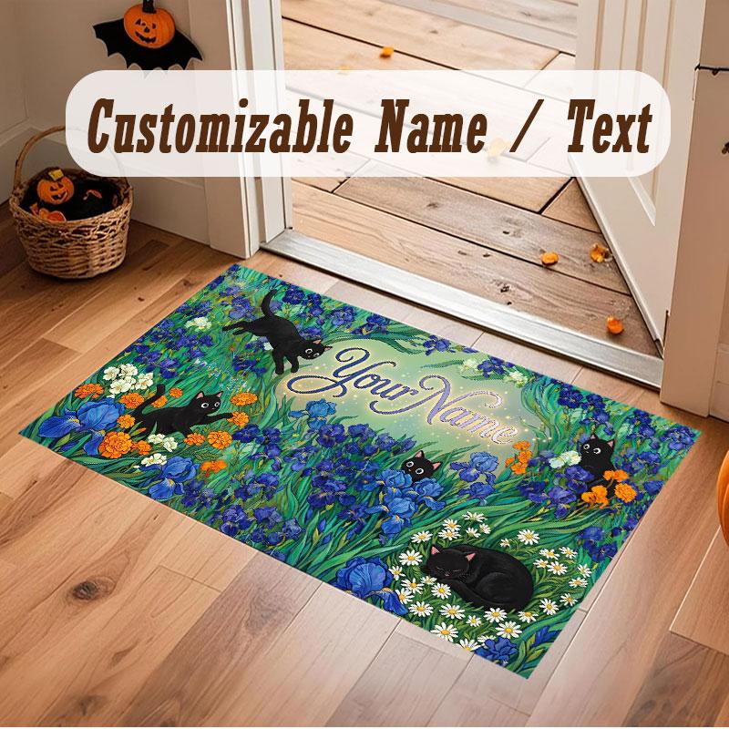 Cat Theme Crystal Velvet Floor Rug Personalized Custom Name Text Warm Carpet Home Decoration