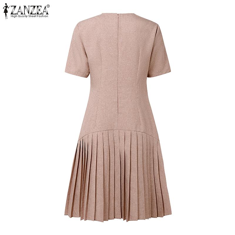 ZANZEA Dámské ležérní letní šaty s krátkým rukávem a kulatým výstřihem s plisováním
