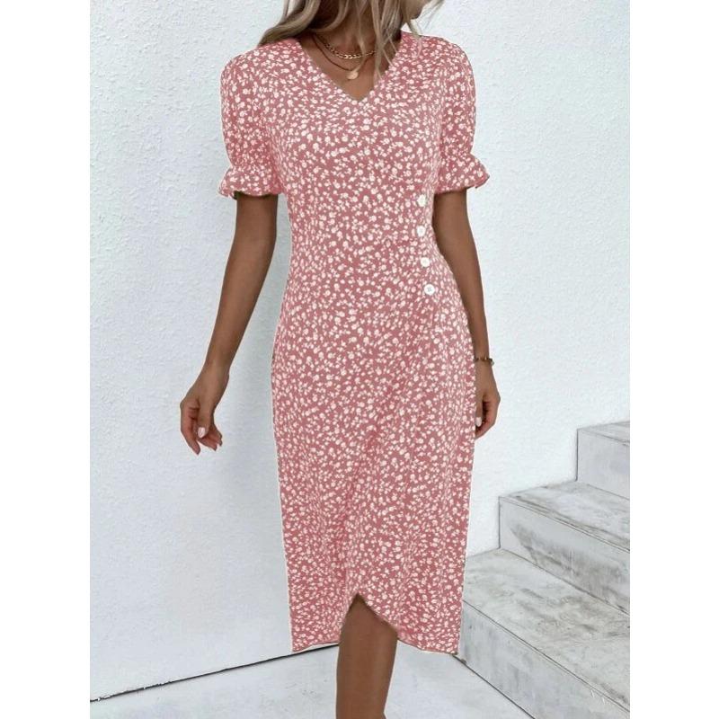 TIFICY Damenmode Sommer Frühling Blumenmuster Druck Kurzarm V-Ausschnitt Hohe Taille Freizeitkleider