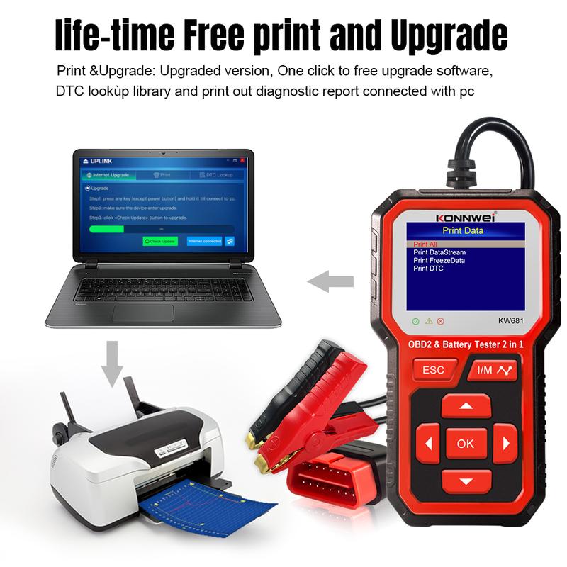 KONNWEI KW681 Car OBD2 Scanner Battery Tester 2in1 6V 12V Clear Trouble Codes Read Data Stream Freeze Frame Car Diagnostic Tools