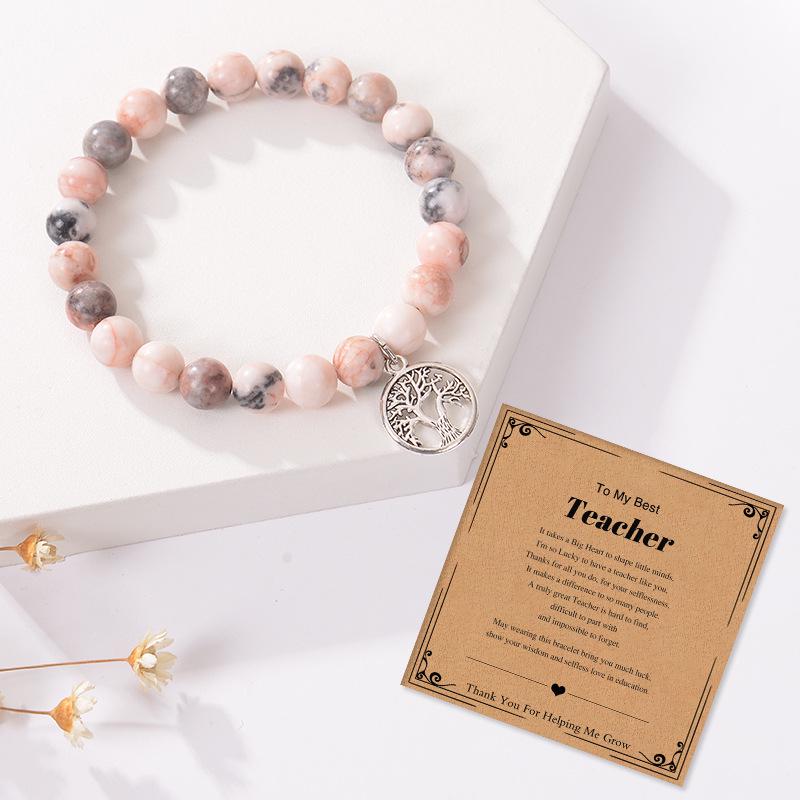 Teacher's Day Gift: 8mm Pink Zebra Stone Bracelet with Tree of Life Pendant