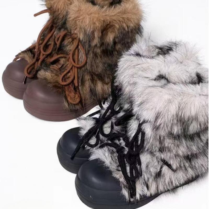 Fashion Women's Thick Snow Boots Winter New Round Head Splicing Plush Front Strap Soft Sole Anti-slip Wear-resistant Cotton Shoes