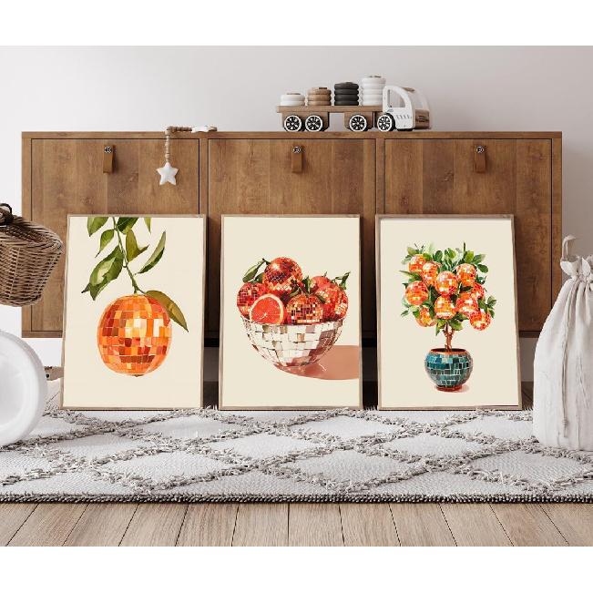 3Pcs Retro Disco Oranges Wall Art Funky Girl Preppy Wall Decor Pictures Fashion Glam Fruit Orange Food Mirror Ball Posters Canvas Prints for Bar Cart