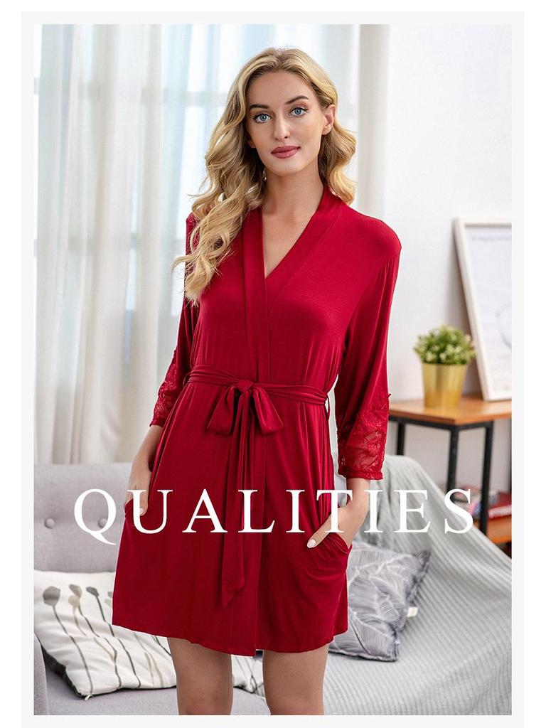 Plus Size Modal Cotton Lace Sleepwear - Women's Solid Color Loose Nightgown/Bathrobe