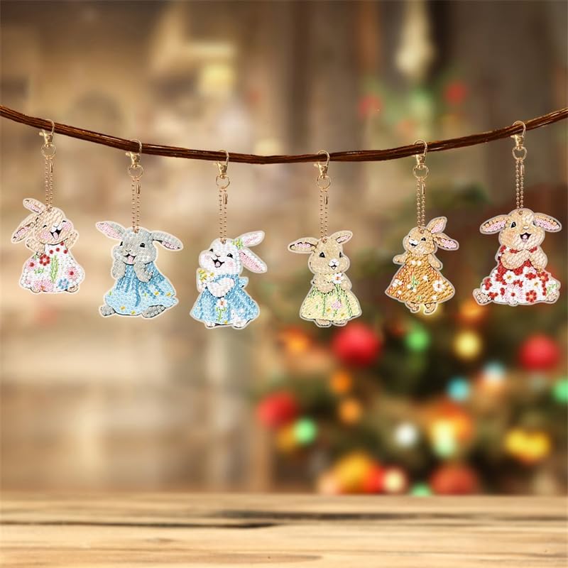 Diamond Art Keychain DIY Handmade Painting Craft 5D Mosaic Art Diamond Special Shape Diamond Keychain Bag Accessories Rabbit Diamond Painting 6-Piece