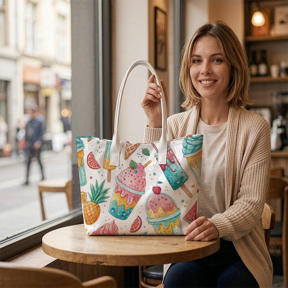 Cute Summer Dessert Print Shoulder Bag for Women Casual Large Capacity Daily Commute Tote Bag Portable Reusable Grocery Shopping Handbag