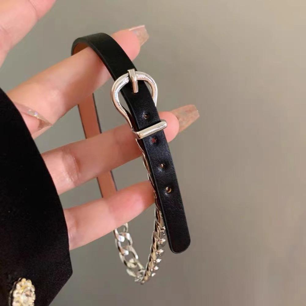 Punk Personality Sliver Color Stainless Steel Metal Chain Splicing Black Belt Buckle Choker Necklace for Women Fashion Jewelry