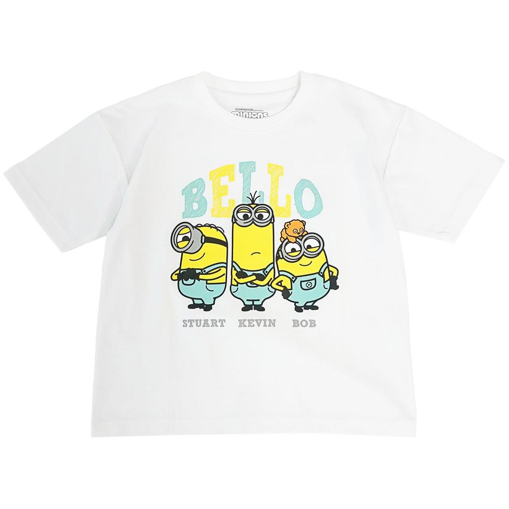 Fineplus Minions BELLO T-Shirt with Stuart, Kevin, Bob, and Tim Print. Character Merchandise.