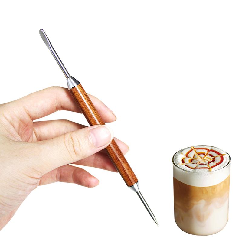 Stainless Steel Coffee Decorating Art Pen Wooden Handle Latte Pull Flower Needle Barista Tool Coffee Accessories Modeling Tool