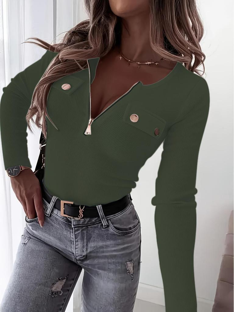 2025 Women's Ribbed Knit Slim-Fit V-Neck Long Sleeve Pullover with Metal Zipper