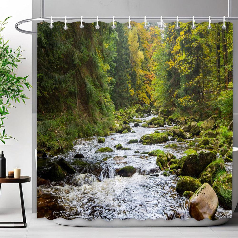 Outdoor Scenic Forest Shower Curtain With Hooks Green Plant Tree Waterfall Landscape Waterproof Shower Curtains Bathroom Decor