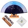 Jinchuan Business Folding Fan Set with Fan Case and Cherry Blossom and Rabbit Design Women's High-Quality Handkerchief, (Cherry Blossom-Blue)