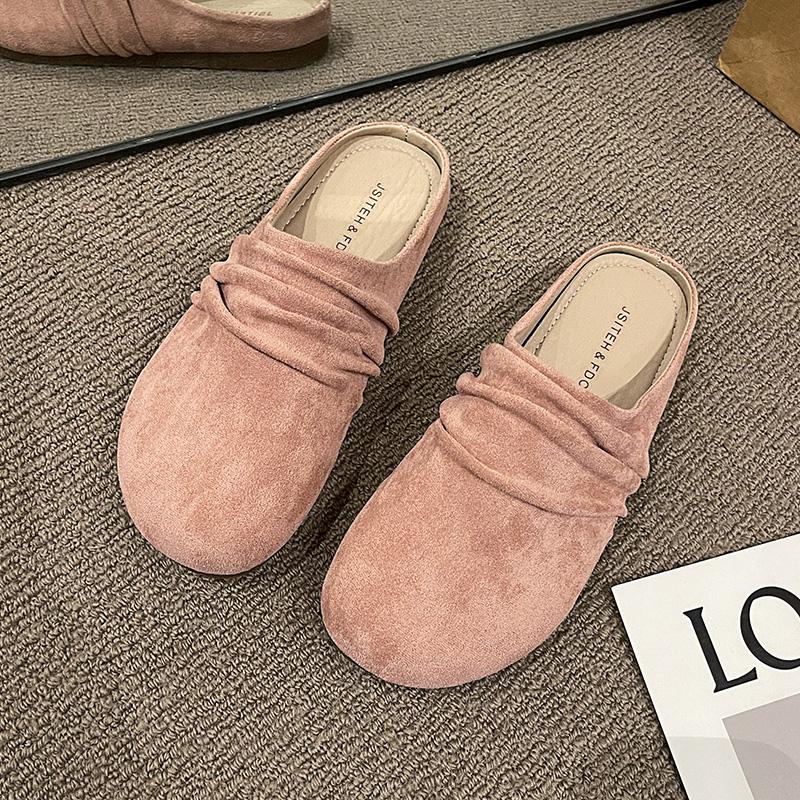 Fashion Aphixta Pleated Candy Color Flat Outside Woman Slippers Round Toe Low Heel Suede Slip On Half Slide Spring Summer Woman Shoes