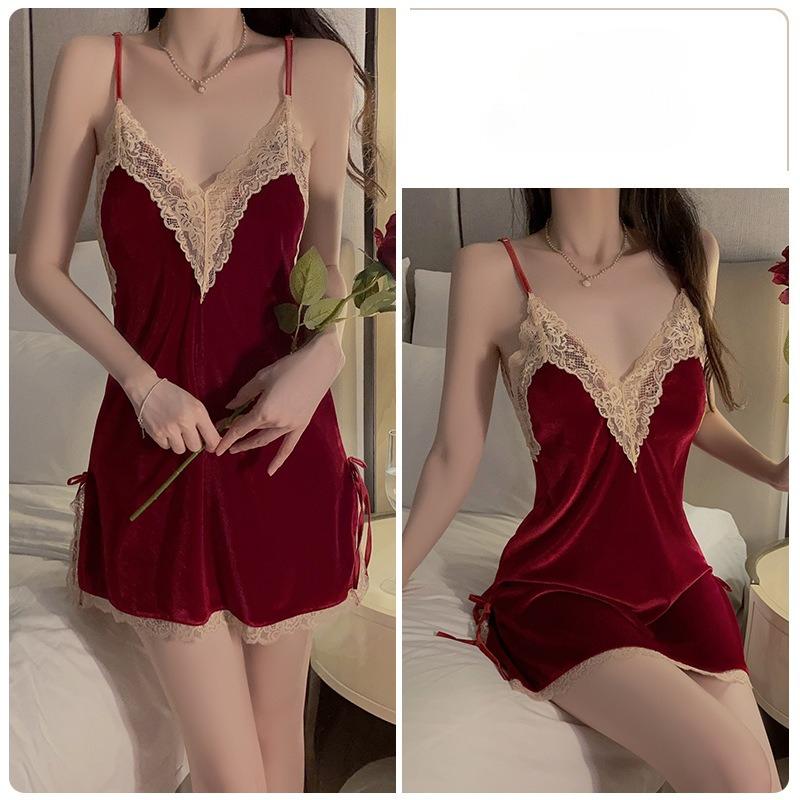 Women’s Sexy Lace Backless Velvet Bridal Nightgown Side-Slit Cami Sleep Dress