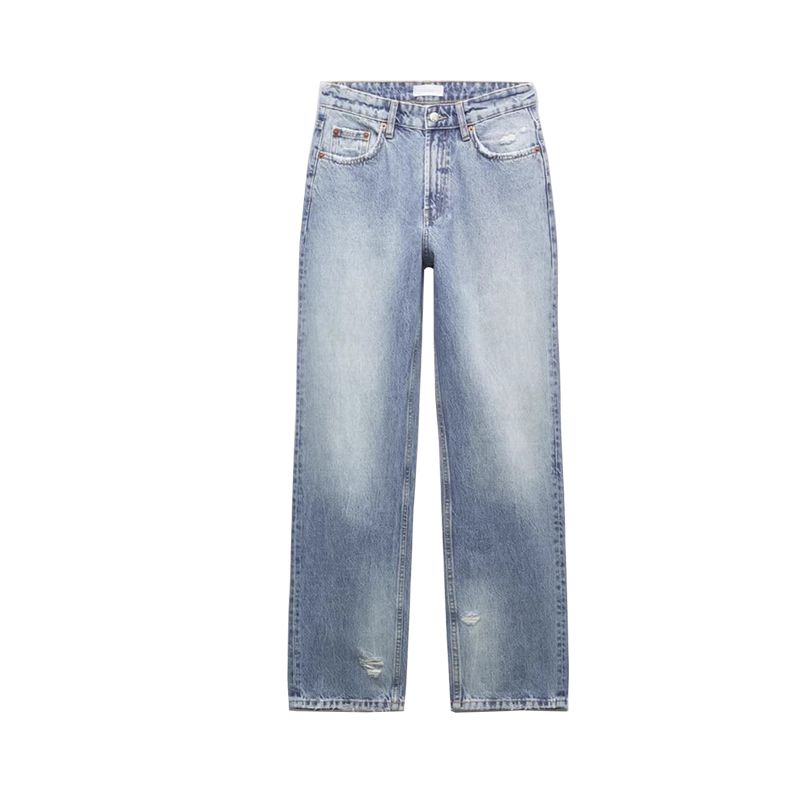 

Summer New Product Women s Clothes Perforated Hole Decoration Mid-Waisted Figure Flattering Straight-leg Beggar Mop Long Denim 4365015 Light Blue L