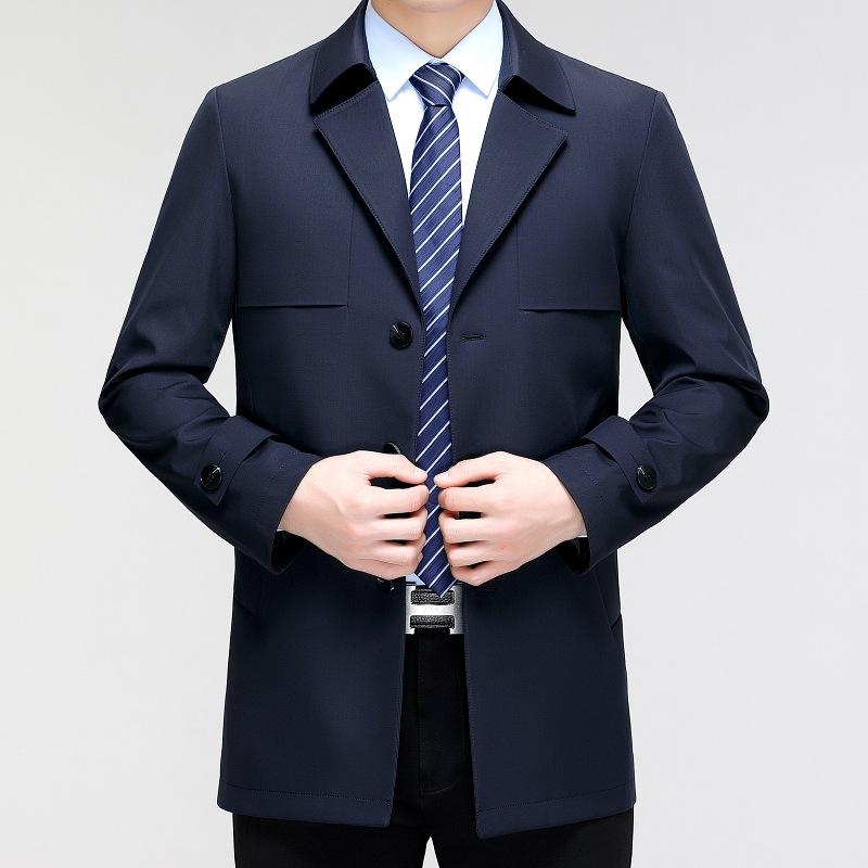 Men's Windbreaker Mid-length Jacket Spring and Autumn Business Casual Middle-aged Men's Anti-wrinkle Simple Suit Collar Thin Jacket